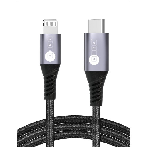 AFRA USB Charging Cable, 3A, 20W, Nylon-Braided Jacket, With Data Transmission, Type C to Lightning, 1 meter length, Durable, Tangle Free