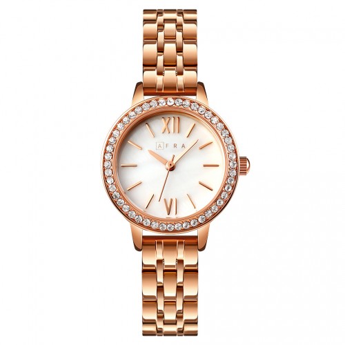 AFRA Ornate Lady’s Watch, Rose Gold Metal Alloy Case, Rose Gold Bracelet Strap, Water Resistant 30m