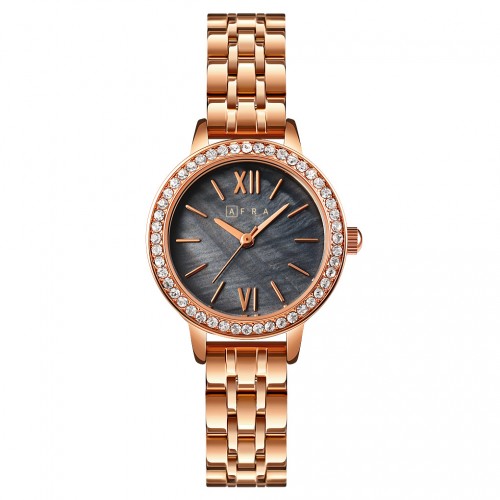 AFRA Ornate Lady’s Watch, Rose Gold Metal Alloy Case, Rose Gold Bracelet Strap, Black Dial, Water Resistant 30m