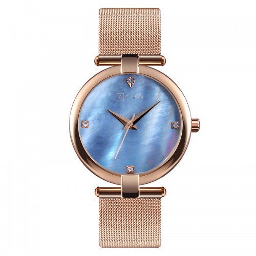 AFRA Pearlescent Lady’s Watch, Rose Gold Metal Case, Blue Dial and Mesh Bracelet Strap, Water Resistant 30m