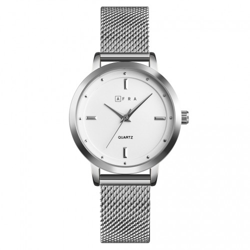 AFRA Avril Lady’s Watch, Silver Metal Alloy Case and Metal Mesh Bracelet Strap, White Dial, Water Resistant 30m