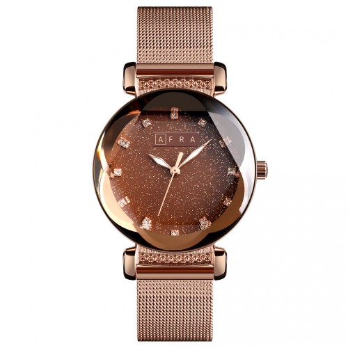 AFRA Stelara Lady’s Watch, Rose Gold Metal Alloy Case and Mesh Bracelet Strap, Brown Dial, Water Resistant 30m