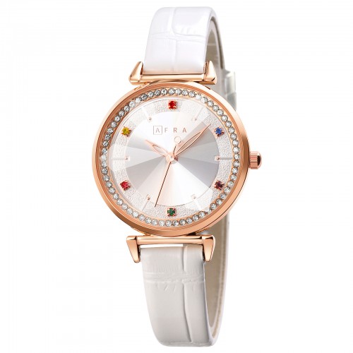 AFRA Gemma Lady’s Watch, Rose Gold Metal Case, White Dial, White Leather Strap, Water Resistant 30m