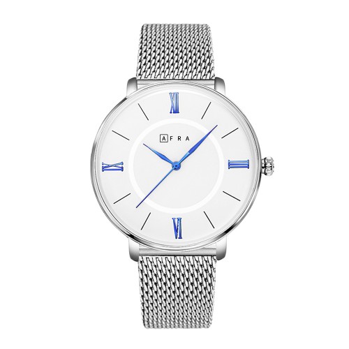 AFRA Ambrose Gentleman’s Watch, Japanese Design, Silver Alloy Case, White Dial, Silver Mesh Bracelet Strap, Water Resistant 30m